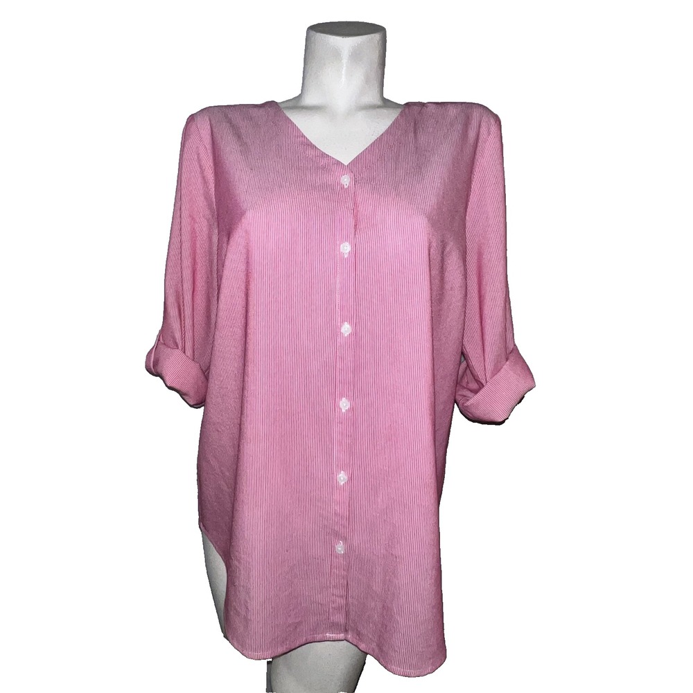 Chicos Red White Pinstripe Button Shirt Tunic 3/4 Roll Tab Sleeve Women Sz (2) L